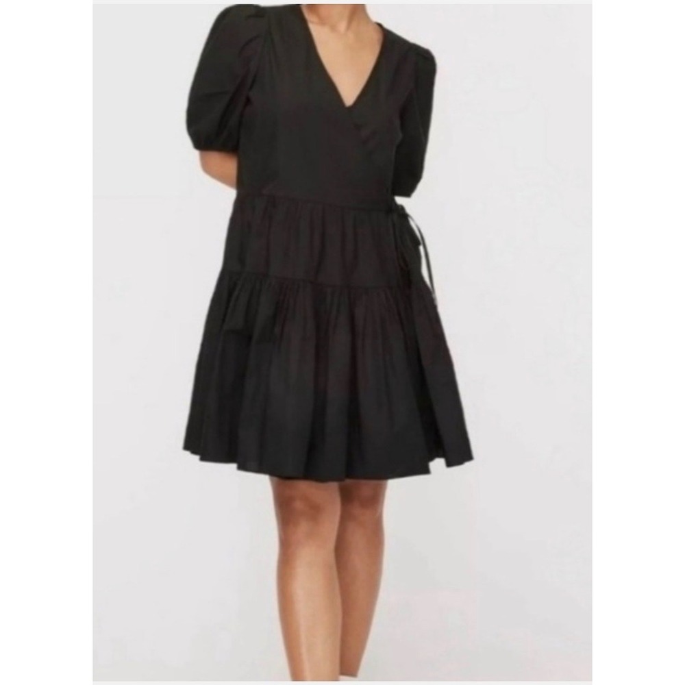 NWT J.Crew Black Cotton Poplin Wrap Dress Puff Sleeve Tiered Mini, XL